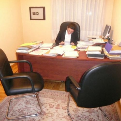 Despacho con asesora trabajando en amplia mesa